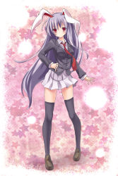 Rule 34 | 1girl, absurdres, animal ears, black thighhighs, blazer, female focus, highres, jacket, light purple hair, loafers, long hair, looking at viewer, necktie, pleated skirt, rabbit ears, red eyes, red necktie, reisen udongein inaba, shoes, skirt, solo, standing, star (symbol), starry background, thighhighs, touhou, very long hair, zettai ryouiki, zi se