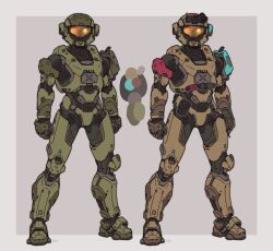 Rule 34 | 2others, ambiguous gender, armor, assault visor, border, clenched hands, color guide, grey background, grey border, halo (series), highres, looking at viewer, multiple others, power armor, ruben menzel, science fiction, spartan (halo), variations