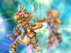 Rule 34 | 1boy, 1girl, armor, armored boots, blonde hair, blue eyes, blurry, boots, curly hair, feathers, full body, game, game console, gloves, hat, helmet, legend of mana, lowres, playstation 1, qvga, seiken densetsu, short hair, smile, standing, sword, toto, toto (lom), unsheathed, weapon