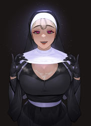 Rule 34 | 1girl, :d, absurdres, after paizuri, black dress, black gloves, blonde hair, breasts, bright pupils, capelet, cleavage, coif, cum, cum on body, cum on breasts, cum on upper body, dark background, dress, gloves, grey background, habit, hands up, highres, large breasts, light particles, lips, looking at viewer, mole, mole under eye, mole under mouth, nun, open mouth, original, pink eyes, simple background, smile, sohn woohyoung, solo, upper body, white capelet, white pupils