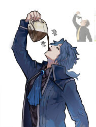 Rule 34 | 1boy, absurdres, ascot, black shirt, blue ascot, blue coat, blue gemstone, blue hair, brooch, chesed (project moon), coat, coffee, coffee pot, collared coat, collared shirt, drinking, gem, highres, holding jug, jewelry, jjim, library of ruina, long hair, long sleeves, low ponytail, male focus, open mouth, parted bangs, project moon, shirt, simple background, solo, upper body, white background