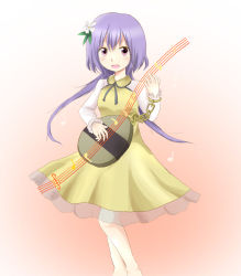 Rule 34 | 1girl, beamed quavers, benisagi, biwa lute, chain, dress, flower, gradient background, hair flower, hair ornament, instrument, light purple hair, long sleeves, looking at viewer, lute (instrument), music, musical note, open mouth, pink background, playing instrument, ponytail, purple eyes, quaver, ribbon, short hair, solo, staff (music), touhou, treble clef, tsukumo benben