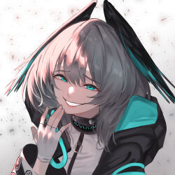 Rule 34 | 1girl, aqua eyes, arknights, black jacket, clenched teeth, fingerless gloves, gloves, grey hair, half-closed eyes, hand up, head wings, highres, ho&#039;olheyak (arknights), infection monitor (arknights), jacket, laughing, looking at viewer, medium hair, open clothes, open jacket, portrait, puranetto (vjun4748), simple background, solo, teeth, white background, white gloves, wings