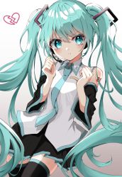 Rule 34 | 1girl, absurdres, aqua eyes, aqua hair, aqua necktie, black skirt, black thighhighs, broken heart, closed mouth, detached sleeves, gradient background, hatsune miku, headset, heart, highres, kayon (touzoku), looking at viewer, necktie, number tattoo, shirt, skirt, solo, tattoo, tearing up, thighhighs, twintails, vocaloid, white background, white shirt
