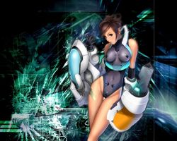 Rule 34 | 1girl, armor, black background, black gloves, black leotard, blue eyes, breasts, brown hair, character request, copyright request, gloves, large breasts, leotard, looking at viewer, mecha musume, parted lips, ryu (ryu&#039;s form site), short hair, standing, teeth, thighs