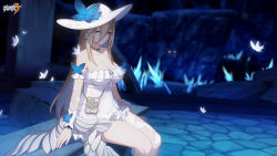 1girl aponia_(honkai_impact) aponia_(mesmerizing_blue) aponia_(mesmerizing_blue)_(honkai_impact) bare_shoulders blue_butterfly breasts brown_hair bug butterfly cleavage closed_mouth dress frilled_dress frills hair_between_eyes half-closed_eyes hat highres honkai_(series) honkai_impact_3rd insect large_breasts long_hair looking_at_viewer official_art sitting solo strapless strapless_dress sun_hat sundress white_dress white_hat