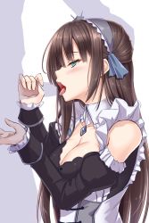 Rule 34 | 1girl, akitsuki karasu, aqua eyes, azur lane, bare shoulders, blue ribbon, blush, breasts, brown hair, caressing testicles, cleavage, collarbone, corset, detached collar, detached sleeves, dress, erection, fellatio, frilled dress, frilled sleeves, frills, half-closed eyes, half updo, hand on another&#039;s head, handjob, hands up, highres, invisible man, invisible penis, jewelry, juliet sleeves, long hair, long sleeves, looking away, maid, maid headdress, medium breasts, newcastle (azur lane), open mouth, oral, penis, profile, puffy sleeves, ribbon, sidelocks, simple background, solo focus, testicles, tongue, tongue out, upper body, white background