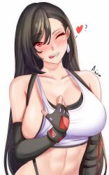 Rule 34 | 1girl, anisdrawn, black gloves, black hair, breasts, commentary, crop top, elbow gloves, final fantasy, final fantasy vii, fingerless gloves, gloves, grin, head tilt, highres, large breasts, long hair, looking at viewer, midriff, navel, one eye closed, red eyes, simple background, smile, solo, stomach, tank top, tifa lockhart, upper body, very long hair, white background, white tank top
