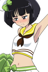 Rule 34 | 1girl, arm up, armpits, bare shoulders, black hair, blue eyes, blush, bow, breasts, cheerleader, closed mouth, collarbone, embarrassed, girls und panzer, hair bow, hair ornament, highres, looking away, midriff, navel, pom pom (cheerleading), shiny skin, short hair, simple background, small breasts, solo, sono midoriko, upper body, wakku kan, white background
