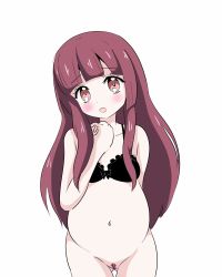 Rule 34 | 1girl, black bra, blush, bottomless, bra, breasts, brown eyes, brown hair, gluteal fold, hanazono yurine, highres, jashin-chan dropkick, long hair, looking at viewer, navel, no panties, open mouth, pregnant, simple background, small breasts, solo, underwear, white background