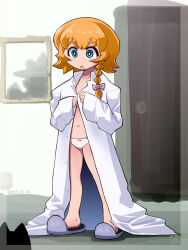 1girl :o alternate_costume blonde_hair blue_eyes blush_stickers braid bright_pupils collared_shirt cookie_(touhou) full_body grey_footwear highres indoors itini-sanshi kirisame_marisa meguru_(cookie) naked_shirt navel open_mouth oversized_clothes panties shirt short_hair side_braid single_braid slippers solo standing thick_eyebrows touhou underwear white_panties white_pupils white_shirt yuuhi_(cookie)