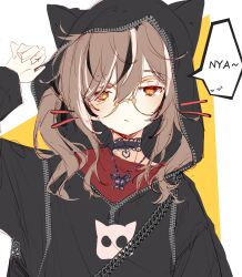 Rule 34 | 1girl, absurdres, alternate costume, animal hood, bag, black choker, black hoodie, brown eyes, brown hair, bug, butterfly, choker, deiji bijutsu, drawn whiskers, glasses, hair over one eye, hand up, highres, hololive, hololive english, hood, hoodie, insect, jewelry, lace-trimmed choker, lace trim, light frown, multicolored hair, nanashi mumei, necklace, official alternate hairstyle, oversized clothes, red shirt, round eyewear, shirt, shoulder bag, simple background, sketch, speech bubble, streaked hair, twintails, unfinished, upper body, virtual youtuber, yellow background, zipper