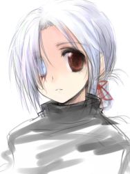 Rule 34 | 1girl, ;o, blush, hair ribbon, hara takehito, looking at viewer, one eye closed, original, parted lips, red eyes, red ribbon, ribbon, short hair, silver hair, simple background, sketch, solo, sweater, turtleneck, white background