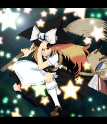 Rule 34 | 1girl, absurdres, blonde hair, braid, broom, buttons, dress, female focus, grin, hair ribbon, hat, highres, kirisame marisa, kneehighs, letterboxed, long hair, night, night sky, red eyes, ribbon, shoes, sky, smile, socks, solo, star (symbol), taira (ingrum-m10), touhou, witch, witch hat