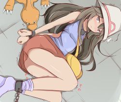 Rule 34 | 1girl, arms behind back, ass, bag, bare shoulders, bdsm, blue legwear, blue shirt, blush, bondage, bound, breasts, brown hair, chain, charmeleon, claws, closed eyes, collarbone, creatures (company), cuffs, drooling, female focus, from above, game freak, gen 1 pokemon, green (pokemon), grey eyes, half-closed eyes, hat, have to pee, highres, horns, long hair, loose socks, lying, muroi (fujisan0410), nintendo, on side, open mouth, own hands together, peeing, peeing self, pokemon, pokemon (creature), pokemon frlg, puddle, red skirt, saliva, shackles, shirt, single horn, skirt, sleeveless, sleeveless shirt, small breasts, socks, steam, sweat, trembling, v arms, white headwear, yellow bag