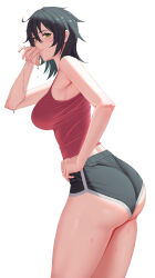 Rule 34 | 1girl, absurdres, ass, bare arms, black hair, breasts, closed mouth, commentary, dolphin shorts, dripping, eyelashes, fingernails, hand on own hip, highres, large breasts, midriff, midriff peek, mole, mole under eye, multiple moles, original, red tank top, short hair, shorts, simple background, sketch, sleeveless, sweat, tank top, thighs, turning head, wet, white background, wiping face, xdxdtanakaxdxd, yellow eyes