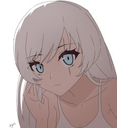 Rule 34 | 1girl, ar jart, artist name, bare shoulders, blue eyes, breasts, camisole, cleavage, close-up, closed mouth, collarbone, commentary, hand on own face, long hair, looking at viewer, rwby, scar, scar across eye, shaded face, small breasts, solo, symbol-only commentary, weiss schnee, white background, white camisole, white hair