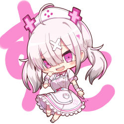 Rule 34 | 1girl, :d, ahoge, apron, bandaged arm, bandages, big head, breasts, chibi, collared dress, dress, fangs, frilled dress, frills, hair between eyes, hair ornament, hand up, hat, highres, holding, holding syringe, koga rejini, long hair, looking at viewer, medium breasts, mole, mole under eye, nijisanji, nurse cap, open mouth, pink dress, pink eyes, silver hair, smile, solo, sukoya kana, syringe, teeth, text background, translation request, twintails, upper teeth only, virtual youtuber, white apron, white background, white hat, wrist cuffs, x hair ornament