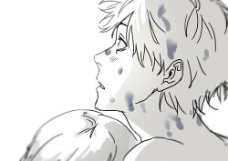 Rule 34 | 1boy, 1girl, bare shoulders, chainsaw man, denji (chainsaw man), dripping, eyebrows, head on chest, highres, light blush, looking up, makima (chainsaw man), melting, monochrome, original nasu, pale skin, profile, topless male, short hair, sketch, spot color, wet, white background