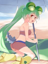 Rule 34 | 10s, 1girl, beach, beach towel, beach umbrella, bikini, blush, boots, breasts, day, covered erect nipples, green hair, highres, jacqueline (show by rock!!), kneeling, long hair, looking at viewer, looking back, open mouth, ponytail, rubber boots, sand, show by rock!!, smile, solo, swimsuit, tadpole tail, takano natsuki, towel, umbrella, very long hair, yellow eyes, yellow footwear