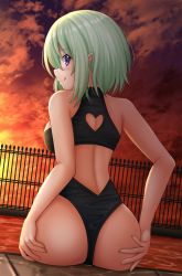 Rule 34 | 1girl, ass, backless swimsuit, bare arms, bare shoulders, black one-piece swimsuit, breasts, clothing cutout, commentary, druj (jahy), fence, from behind, green hair, hair between eyes, heart cutout, highres, jahy-sama wa kujikenai!, kazenokaze, looking at viewer, looking back, medium breasts, one-piece swimsuit, outdoors, pointy ears, purple eyes, sitting, solo, sunset, swimsuit, water