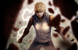 Rule 34 | 1boy, arasdel, black sclera, blonde hair, clenched hand, colored sclera, cyborg, destruction, electricity, genos, glowing, hood, hoodie, male focus, one-punch man, rubble, short hair, solo, yellow eyes