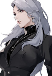 Rule 34 | 1girl, absurdres, black jacket, black sweater, breasts, brown eyes, earrings, grey hair, highres, jacket, jewelry, large breasts, long hair, necklace, niijima sae, parted lips, persona, persona 5, pertex 777, sweater, turtleneck, turtleneck sweater, upper body, white background