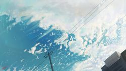 Rule 34 | absurdres, banishment, blue sky, building, cloud, cloudy sky, commentary request, day, highres, no humans, original, outdoors, power lines, scenery, signature, sky, utility pole