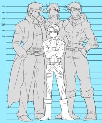 Rule 34 | 4boys, aqua theme, ascot, bad id, bad pixiv id, bags under eyes, blue theme, crossed arms, crossover, hat, height chart, height difference, isamu, jojo no kimyou na bouken, jonathan joestar, joseph joestar, joseph joestar (young), kuujou joutarou, levi (shingeki no kyojin), lineup, long coat, male focus, monochrome, multiple boys, scarf, shingeki no kyojin, striped clothes, striped scarf