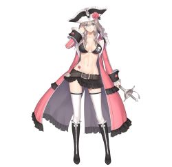Rule 34 | 1girl, belt, bikini, bikini top only, blue eyes, boots, breasts, coat, detached sleeves, frilled sleeves, frills, full body, grey hair, hat, highres, knee boots, large breasts, light smile, long coat, long hair, looking at viewer, miniskirt, navel, open clothes, pleated skirt, shining (series), shining ark, shoes, skirt, skull and crossbones, solo, standing, swimsuit, sword, thighhighs, tony taka, velvet batrass, weapon, white thighhighs, zettai ryouiki