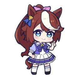 Rule 34 | 1girl, animal ears, blouse, blue bow, blue eyes, blue shirt, blush, bow, brown footwear, brown hair, chibi, closed mouth, commentary request, full body, hair ribbon, hand on own hip, hand up, horse ears, horse girl, horse tail, index finger raised, long hair, multicolored hair, nozo (hitomiz), pink ribbon, pleated skirt, ponytail, puffy short sleeves, puffy sleeves, ribbon, school uniform, shirt, shoes, short sleeves, skirt, smile, solo, standing, streaked hair, tail, thighhighs, tokai teio (umamusume), tracen school uniform, umamusume, very long hair, white hair, white skirt, white thighhighs