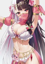 Rule 34 | 1girl, :d, arm up, armpits, aya (lezon), bikini, black hair, blush, bow, breasts, cleavage, commentary, cowboy shot, detached sleeves, frilled bikini, frills, hair bow, hair ornament, hair ribbon, highres, large breasts, long hair, looking at viewer, mouth veil, multicolored hair, navel, nijisanji, open mouth, pink hair, pink ribbon, rabbit hair ornament, red bow, red eyes, ribbon, see-through, see-through sleeves, short sleeves, sidelocks, simple background, smile, solo, split-color hair, standing, stomach, streaked hair, swimsuit, two-tone hair, veil, very long hair, virtual youtuber, white background, white bikini, white bow, white hair, yorumi rena, yorumi rena (7th costume)