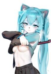 Rule 34 | 1girl, animal ears, areola slip, black skirt, black sleeves, blue eyes, blue fur, blue hair, blue tank top, breasts, cat ears, cat girl, closed mouth, clothes lift, commentary, cowboy shot, detached sleeves, furrification, furry, furry female, hair between eyes, hatsune miku, highres, lifting own clothes, looking at viewer, medium breasts, navel, pleated skirt, shirt lift, simple background, skirt, solo, sweetonedollar, tank top, two-tone fur, vocaloid, white background, white fur