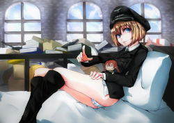 Rule 34 | 1girl, bad id, bad pixiv id, bed, blonde hair, blue eyes, chibi, erica hartmann, gertrud barkhorn, hat, military, military uniform, no pants, nuko-d, panties, solo, strike witches, striped clothes, striped panties, underwear, uniform, world witches series