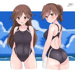 Rule 34 | 2girls, absurdres, alternate hairstyle, arashio (kancolle), ass, back, beach, black one-piece swimsuit, blue sky, blush, breasts, brown eyes, brown hair, cloud, cloudy sky, collarbone, competition swimsuit, covered navel, cowboy shot, day, hair between eyes, highres, horizon, kantai collection, long hair, looking at viewer, looking back, medium breasts, multiple girls, multiple persona, noruren, one-piece swimsuit, open mouth, outdoors, ponytail, signature, sky, smile, swimsuit, towel, water