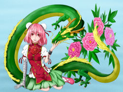 Rule 34 | 1girl, arm support, bandaged arm, bandages, blouse, blue background, chain, cuffs, double bun, dragon, eastern dragon, fingernails, flower, hair bun, ibaraki kasen, looking at viewer, nail polish, parted lips, pink eyes, pink flower, pink hair, pink nails, pink rose, rose, shackles, shii a1, shirt, short hair, short sleeves, simple background, sitting, skirt, solo, tabard, touhou, wariza