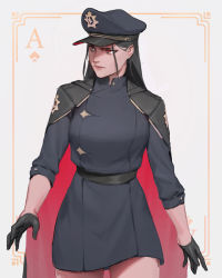 Rule 34 | 1girl, black cape, black gloves, black hair, black sash, cape, card, closed mouth, coat, copyright request, cowboy shot, gloves, grey coat, half gloves, hat, highres, long hair, peaked cap, playing card, red cape, red eyes, sash, solo, standing, two-sided cape, two-sided fabric, umber, white background