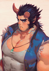 Rule 34 | 1boy, abs, bara, beard, black hair, covered erect nipples, demon boy, facial hair, fang, fiery horns, horns, jewelry, long sideburns, looking to the side, male focus, muscular, necklace, neilos, pectorals, scar, sideburns, simple background, solo, stubble, takemaru (housamo), tank top, teeth, tokyo houkago summoners, upper body