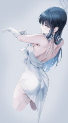 Rule 34 | 1girl, adjusting clothes, adjusting gloves, ass, bare shoulders, black hair, blue archive, blue eyes, breasts, choker, closed mouth, commentary request, cropped legs, dress, elbow gloves, expressionless, from behind, glove pull, gloves, halo, highres, large breasts, long hair, looking at viewer, looking back, looking to the side, medium breasts, moda (mo da 3), official alternate costume, putting on gloves, saori (blue archive), saori (dress) (blue archive), sideboob, simple background, solo, standing, straight hair, strapless, strapless dress, very long hair, white choker, white dress, white gloves