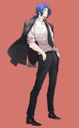 Rule 34 | 1boy, black jacket, black necktie, blue hair, chesed (project moon), closed mouth, collared shirt, full body, highres, jacket, jacket on shoulders, library of ruina, long sleeves, low ponytail, male focus, necktie, parted bangs, pink background, project moon, ruiieru, shirt, simple background, smile, solo, white shirt, yellow eyes