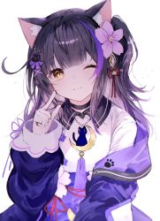 Rule 34 | 1girl, ;t, animal ear fluff, animal ears, black choker, black hair, blush, brown eyes, cat ears, choker, closed mouth, collared shirt, commentary request, copyright request, crescent, flower, hair flower, hair ornament, hand up, head tilt, highres, jacket, long hair, multicolored hair, noyu (noyu23386566), one side up, open clothes, open jacket, pink flower, purple hair, purple jacket, purple neckwear, purple skirt, shirt, simple background, skirt, solo, streaked hair, upper body, virtual youtuber, white background, white shirt