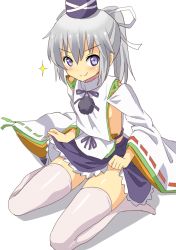 Rule 34 | 1girl, clothes lift, full body, grey hair, hair ribbon, hat, lifted by self, long hair, looking at viewer, miniskirt, mononobe no futo, no panties, no shoes, ponytail, purple eyes, ribbon, ribbon-trimmed sleeves, ribbon trim, shimouki izui, side ponytail, simple background, sitting, skirt, skirt lift, smug, solo, sparkle, thighhighs, touhou, v-shaped eyebrows, white background, white ribbon, white thighhighs, wide sleeves