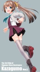 Rule 34 | 1girl, aqua eyes, blazer, blue necktie, boots, brown hair, character name, cross-laced footwear, dress, from behind, full body, grey background, grey thighhighs, hair ribbon, halterneck, highres, jacket, kantai collection, kazagumo (kancolle), kazagumo kai ni (kancolle), kunsei hamu, lace-up boots, long hair, looking back, necktie, ponytail, purple dress, ribbon, simple background, solo, thighhighs