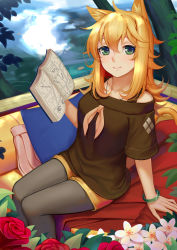 Rule 34 | 1girl, absurdres, ahoge, animal ears, black pantyhose, blonde hair, blush, book, bracelet, brown shirt, cat ears, cat girl, cat tail, closed mouth, collarbone, flower, glint, green eyes, highres, holding, holding book, jewelry, long hair, looking at viewer, messy hair, off-shoulder shirt, off shoulder, open book, original, pantyhose, red flower, red rose, rose, shirt, shorts, sidelocks, sitting, smile, solo, sonikey0 0, strap, tail