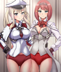 Rule 34 | 2girls, absurdres, ark royal (kancolle), black gloves, blonde hair, bloomers, blue eyes, blunt bangs, bob cut, breasts, brown gloves, buruma, celtic knot, cleavage cutout, clothing cutout, commission, corset, cross, fingerless gloves, flower, gloves, graf zeppelin (kancolle), hair between eyes, hat, highres, inverted bob, iron cross, jacket, kantai collection, large breasts, long sleeves, medium breasts, military, military uniform, multiple girls, peaked cap, pixiv commission, purple eyes, red bloomers, red flower, red hair, red ribbon, red rose, ribbon, rose, short hair, sidelocks, tiara, twintails, uniform, white corset, white jacket, zanntetu