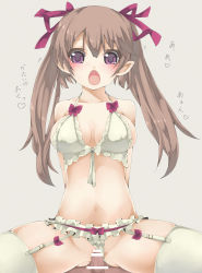 Rule 34 | 1girl, arutoria, bare shoulders, blush, breasts, breasts apart, brown hair, censored, hair ribbon, highres, himekaidou hatate, long hair, non-web source, open mouth, penis, pink eyes, pointy ears, purple eyes, rape, ribbon, sex, solo focus, spread legs, straddling, thighhighs, touhou, twintails, vaginal, white thighhighs