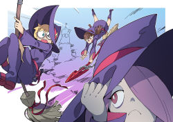 Rule 34 | &gt; o, 3girls, :c, blonde hair, boots, bright pupils, broom, broom riding, brown hair, doushimasho, freckles, green eyes, hand on headwear, hat, kagari atsuko, little witch academia, lotte jansson, motion lines, multiple girls, one eye closed, open mouth, purple footwear, purple headwear, purple robe, purple theme, red eyes, robe, sucy manbavaran, wand, white pupils, witch hat
