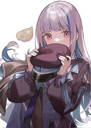 Rule 34 | 1girl, black jacket, blue hair, blush, grey hair, hat, highres, holding, holding clothes, holding hat, jacket, lize helesta, long hair, long sleeves, looking at viewer, multicolored hair, nao (syn eaa), nijisanji, pink eyes, sebastian piyodore, simple background, streaked hair, upper body, very long hair, virtual youtuber, white background
