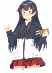 Rule 34 | 1girl, agano (kancolle), beans, black hair, blue eyes, blush, breasts, food, holding, hood, hooded jacket, hoodie, jacket, kantai collection, key kun, long hair, long sleeves, mamemaki, medium breasts, pleated skirt, red skirt, setsubun, simple background, skirt, smile, solo, thighhighs, white background, white thighhighs, zipper