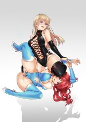 Rule 34 | 2girls, bingsang, black leotard, blonde hair, blue leotard, boots, breasts, bridal gauntlets, bursting breasts, catfight, fingering, laces, large breasts, leotard, licking lips, long hair, multiple girls, open mouth, original, ponytail, red hair, submission hold, sweat, thigh boots, thighhighs, tongue, tongue out, wrestling, wrestling outfit